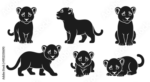Set of Black Panther Cubs Silhouettes - Cute, Playful, and Wild