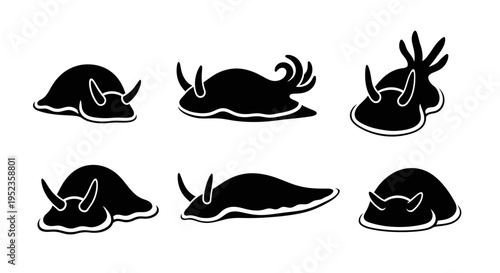 Set of Black Sea Slug Icons: Cute Marine Mollusks Silhouettes