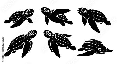 Set of Black Sea Turtle Silhouettes, Baby Turtles Swimming and Floating