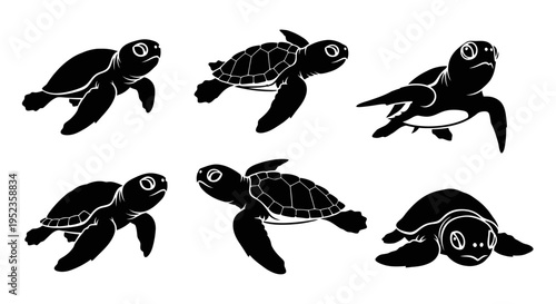 Set of Black Sea Turtle Silhouettes, Various Poses, Isolated on White Background