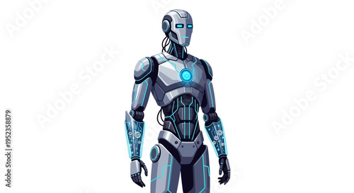 Vector illustration of a metallic robot with blue accents