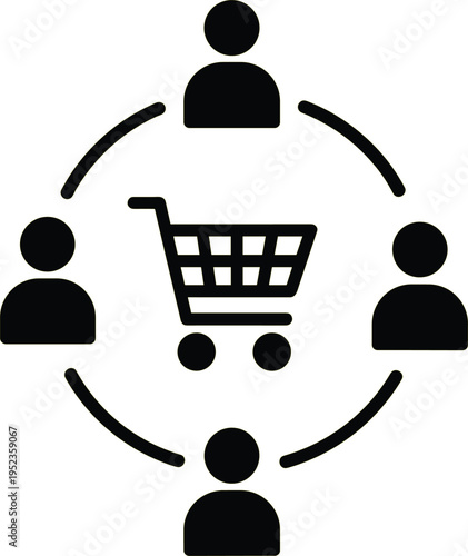 Online shopping community icon with people connected around shopping cart representing social commerce group buying ecommerce network collaboration and digital marketplace concept