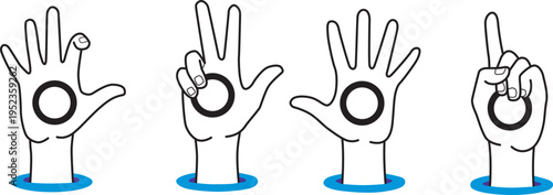 Four hands with fingers extended in different positions to represent numbers using sign language on a plain white background  victor illustration