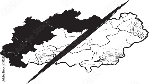 Abstract black and white vector illustration of a divided map with one section shaded black, symbolizing conflict, separation, or territorial dispute for design projects.