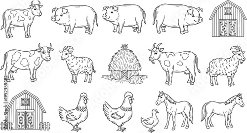 Collection of farm animals and barn illustrations in a charming hand-drawn style