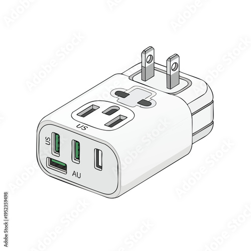 White travel adapter with US plug, multiple sockets for US, AU, and USB