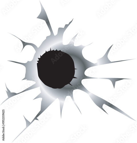  A black hole is depicted in a white background with shattered cracks radiating outward from a central dark circle victor illustration