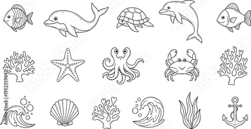 Collection of cute hand-drawn marine animals and ocean elements in a simple line art style