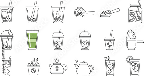 Bubble Tea and Refreshing Beverage Icon Set Featuring Boba, Shakes, Iced Tea, Smoothies, and Drink Accessories