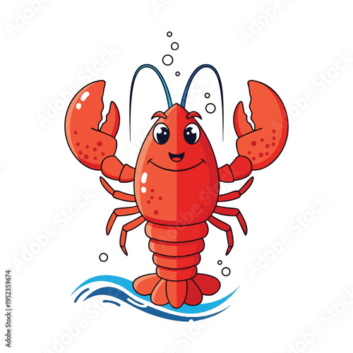 Cheerful cartoon lobster with claws raised, in blue water with bubbles