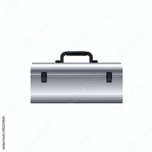 A closed, shiny metal toolbox with a black handle and two clasps