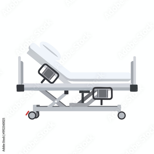 A simple illustration of a medical gurney with a raised headrest and wheels