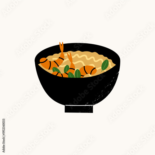 Asian noodle bowl with shrimp and greens. Ramen soup. Food, healthy meal. Vector illustration on isolated background. Design for menu, card, sign, label
