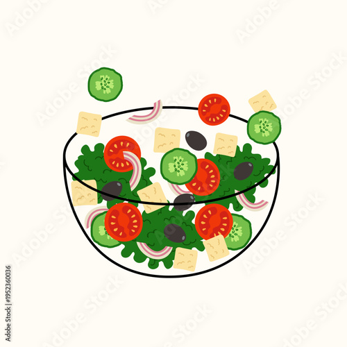 Greek Salad in cartoon style. Greenery, feta cheese and vegetables in glass bowl. Vector illustration on isolated background. Healthy meal, vegan food. Mediterranean cuisine. Summer menu