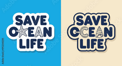 Ocean conservation stickers with starfish and lettering on blue and beige backgrounds