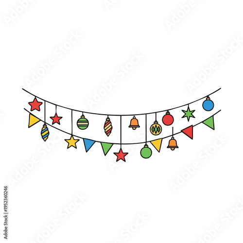 Festive garland of colorful ornaments, stars, bells, and pennants on a black string