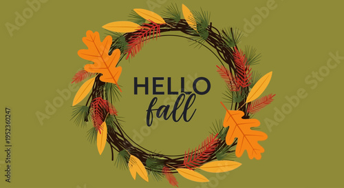 A vibrant fall wreath with colorful leaves and 'HELLO fall' text arrangement