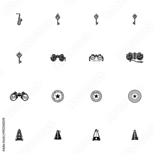 Music Themed Icon Set Featuring Various Black and White Illustrations of Musical Instruments Keys Binoculars and Metronomes for Creative Design Projects