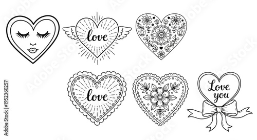 The illustration depicts various decorative hearts with love themes and expressions.