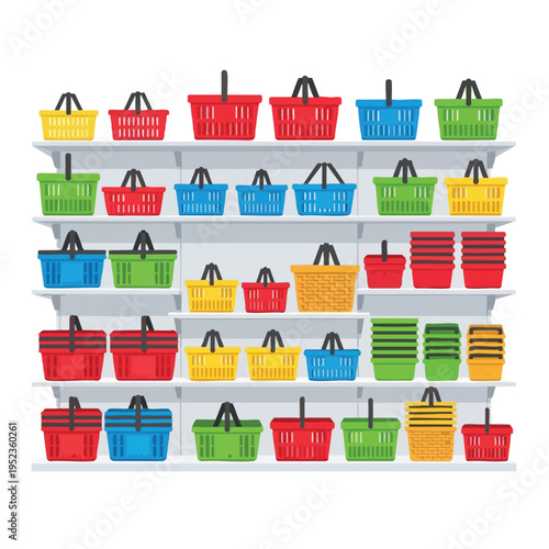 Rows of colorful shopping baskets neatly arranged on white shelves against a white background