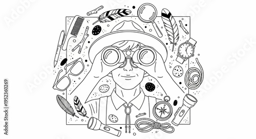 Whimsical illustration of a curious explorer surrounded by adventure-themed objects, perfect for scouting and discovery themes