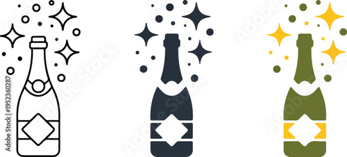 Minimalist Champagne Bottle Illustration Set Showing Line Art, Gray, and Olive Green Celebration Icons with Sparkles Vector Design