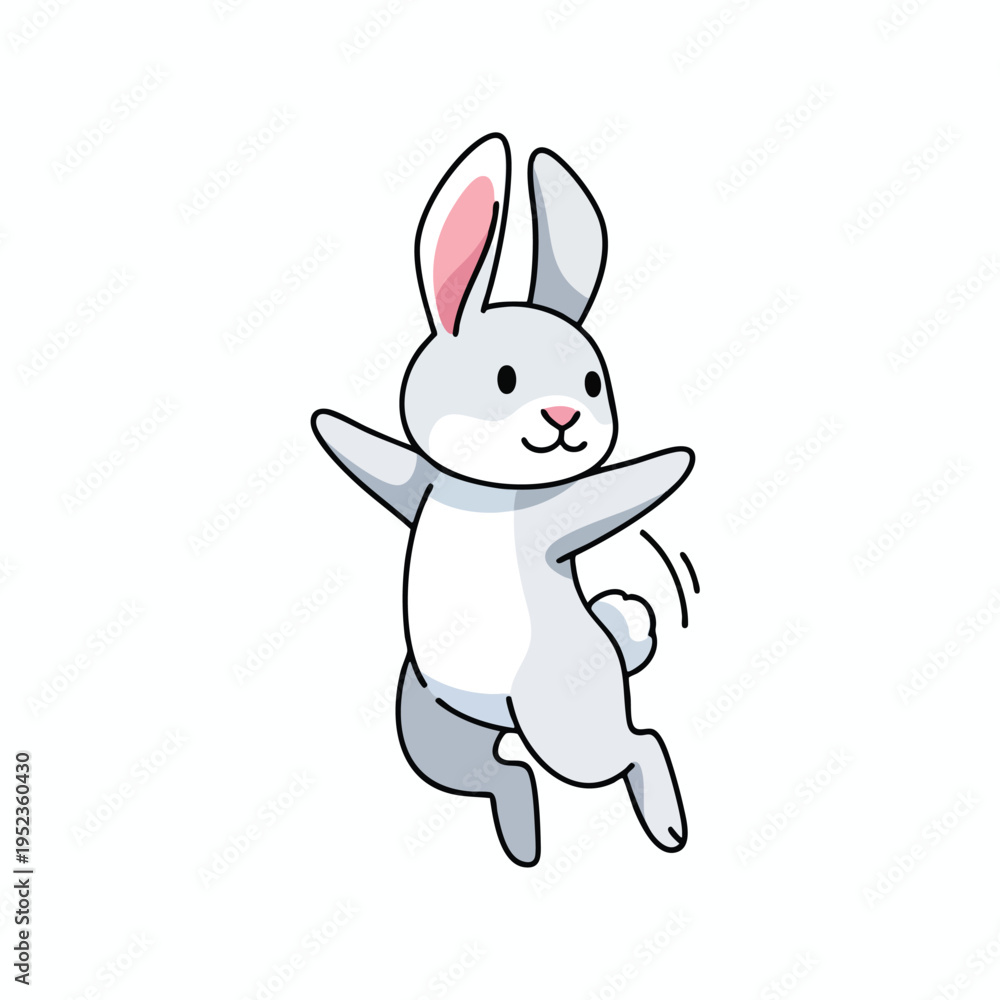 Fototapeta premium A whimsical, cartoon-style gray rabbit jumps joyfully, with one ear bent