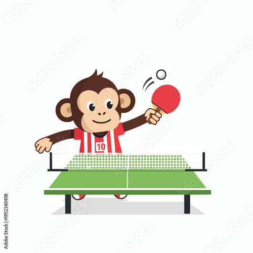 Cheerful cartoon monkey in a striped shirt plays ping pong on a green table
