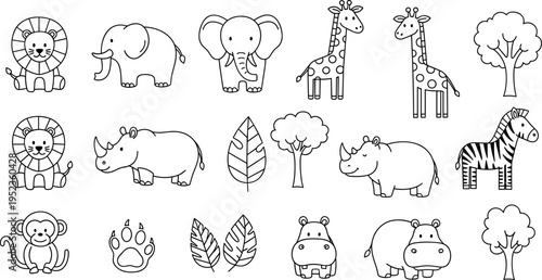 Cute cartoon safari animals and trees in a simple outline drawing style