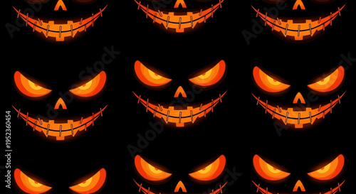 A digital illustration of multiple glowing jack-o-lanterns with evil eyes and sharp teeth arranged in rows on a dark background