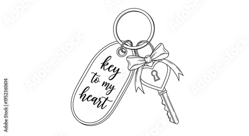 A heartwarming illustration of a key with a ribbon tied around it and a tag that reads 'key to my heart'.