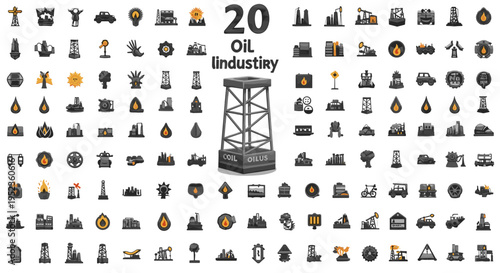Collection of 20 oil industry icons and symbols including rigs and equipment