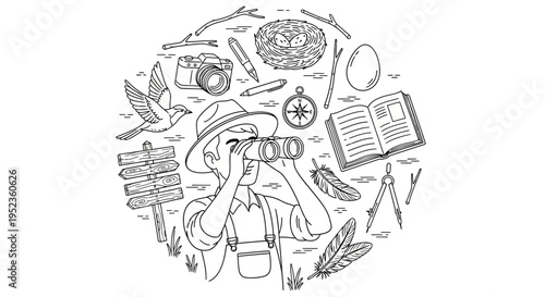 A woman explores nature with binoculars surrounded by travel and wildlife items.