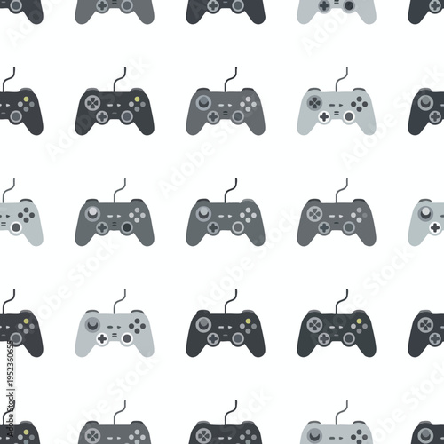 A repeating pattern of various gray and black video game controllers