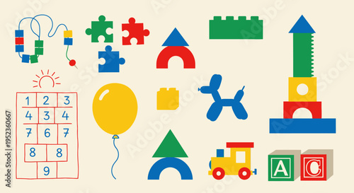 A colorful assortment of toys and blocks are arranged neatly on a table indoors.