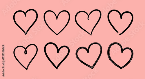 A collection of hand-drawn heart illustrations on a soft pink background, representing love and affection