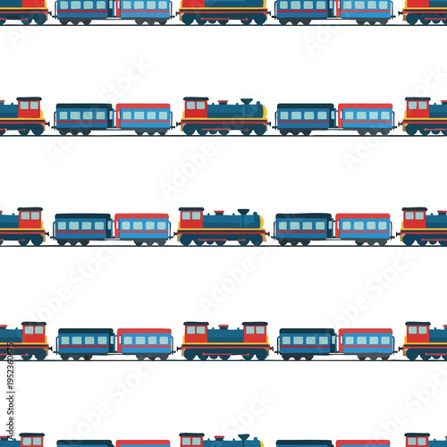Row of colorful cartoon trains with red, blue, yellow, and black accents