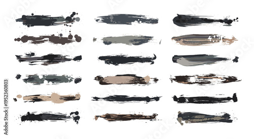 Collection of diverse abstract artistic brush stroke elements in various shades