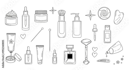 A collection of various beauty and skincare products are arranged neatly on a surface.