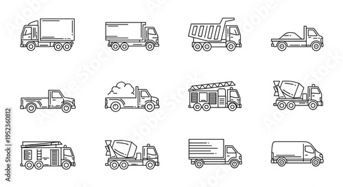 Collection of diverse truck and van vehicle line art icons on white background