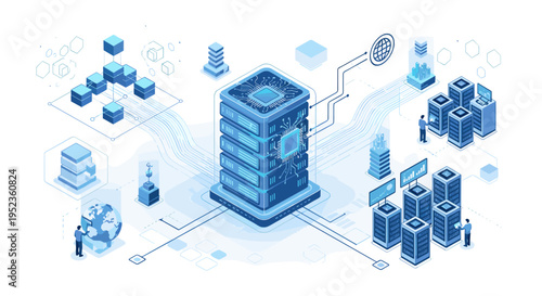 Modern data center server racks connected in a futuristic network with digital