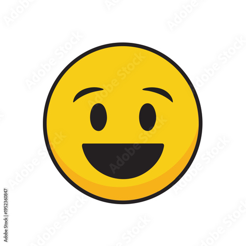 A simple yellow smiley face with black eyes, arched eyebrows, and a wide open mouth