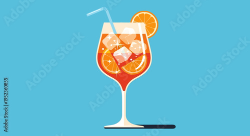 An orange cocktail with ice and a straw is served in a glass.