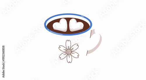 An illustration of two heart-shaped marshmallows floating in hot chocolate with a flower nearby.