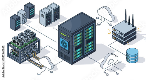 Modern server room network infrastructure with cloud integration and data storage