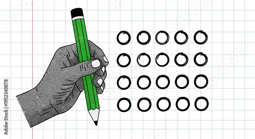 A hand holding a green pencil is about to draw or fill in a grid of 20 circles on a piece of graph paper, signifying creativity and planning