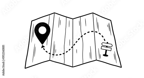 Illustrated map with a location pin and a dotted path showing a route and a signpost, perfect for travel and navigation concepts