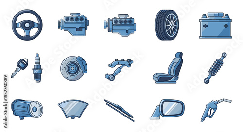 Collection of car parts and automotive components in blue tones vector illustration