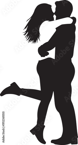 Couple embracing in silhouette, man lifting woman in romantic hug, vector illustration