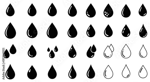 Collection of various water droplet icons and symbols in black and white isolated